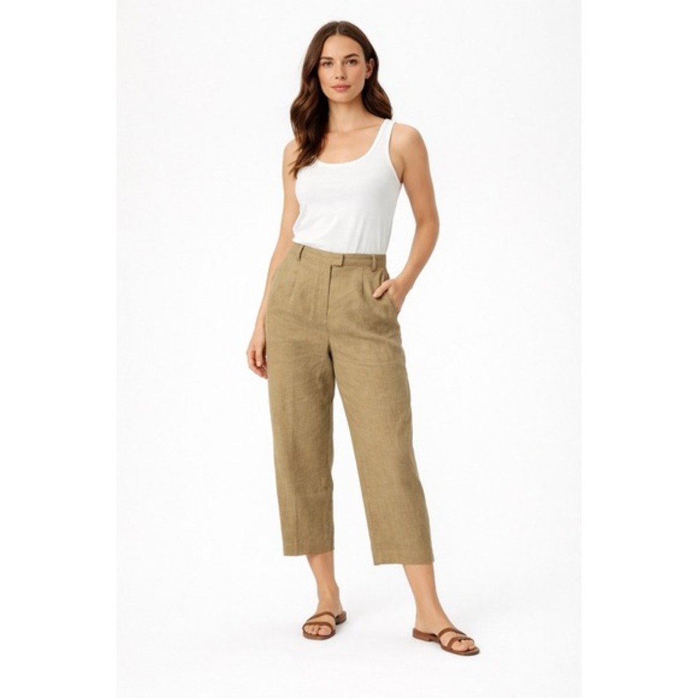 Linen High Waisted Pleated Wide Leg Cropped Pants Tan Khaki Handmade Chic‎ 51-30